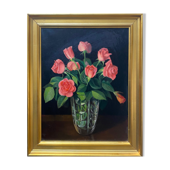 HST table "Bouquet of roses in its glass vase" with frame