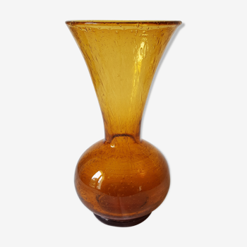 Vase boule verre soufflé année 60 jaune orange ambre