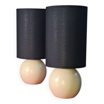 Pair of beige wooden bedside lamps with black lampshades, Scandinavian elec ok 3