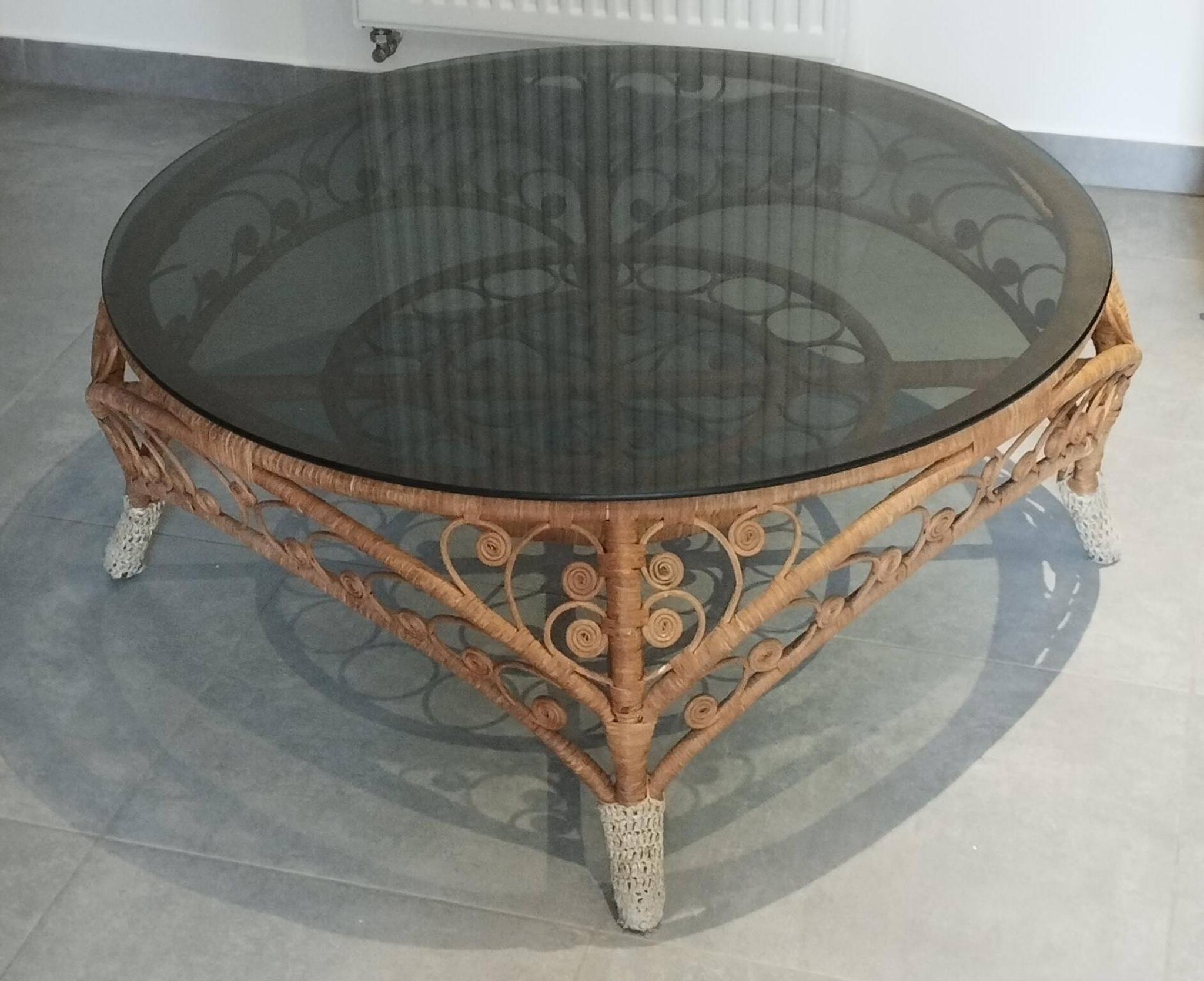 Large Peacock-French Riviera coffee table in rattan, bamboo, glass, vintage.