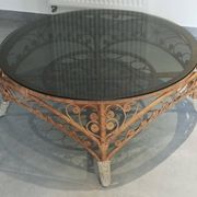 Large Peacock-French Riviera coffee table in rattan, bamboo, glass, vintage.