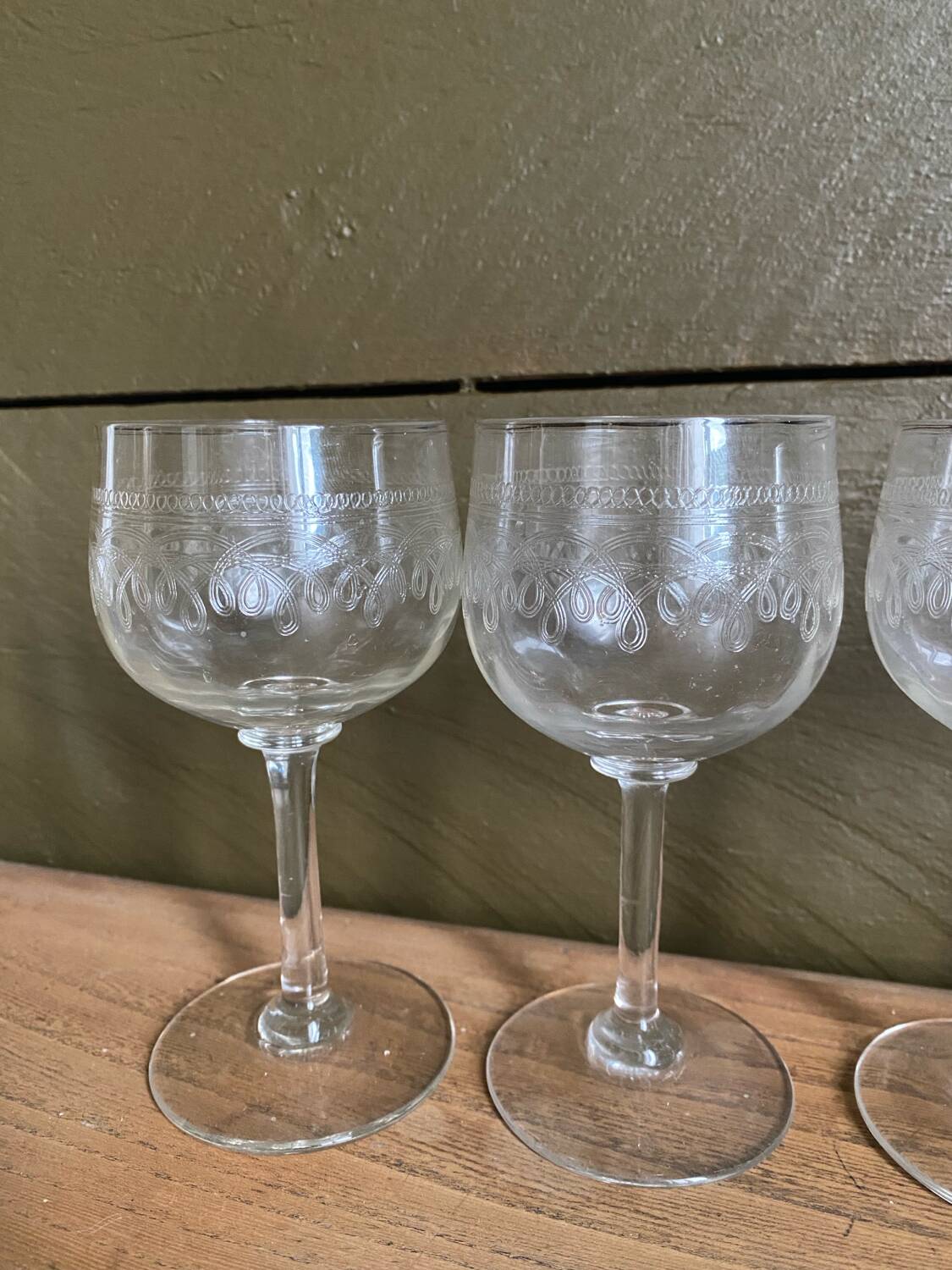 Set of 7 old etched glass stemware