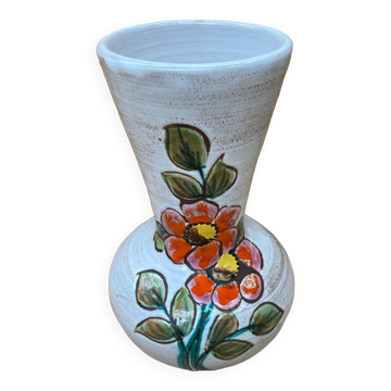 Ancien vase vallauris terre cuite émaillée blanc décor fleurs vintage