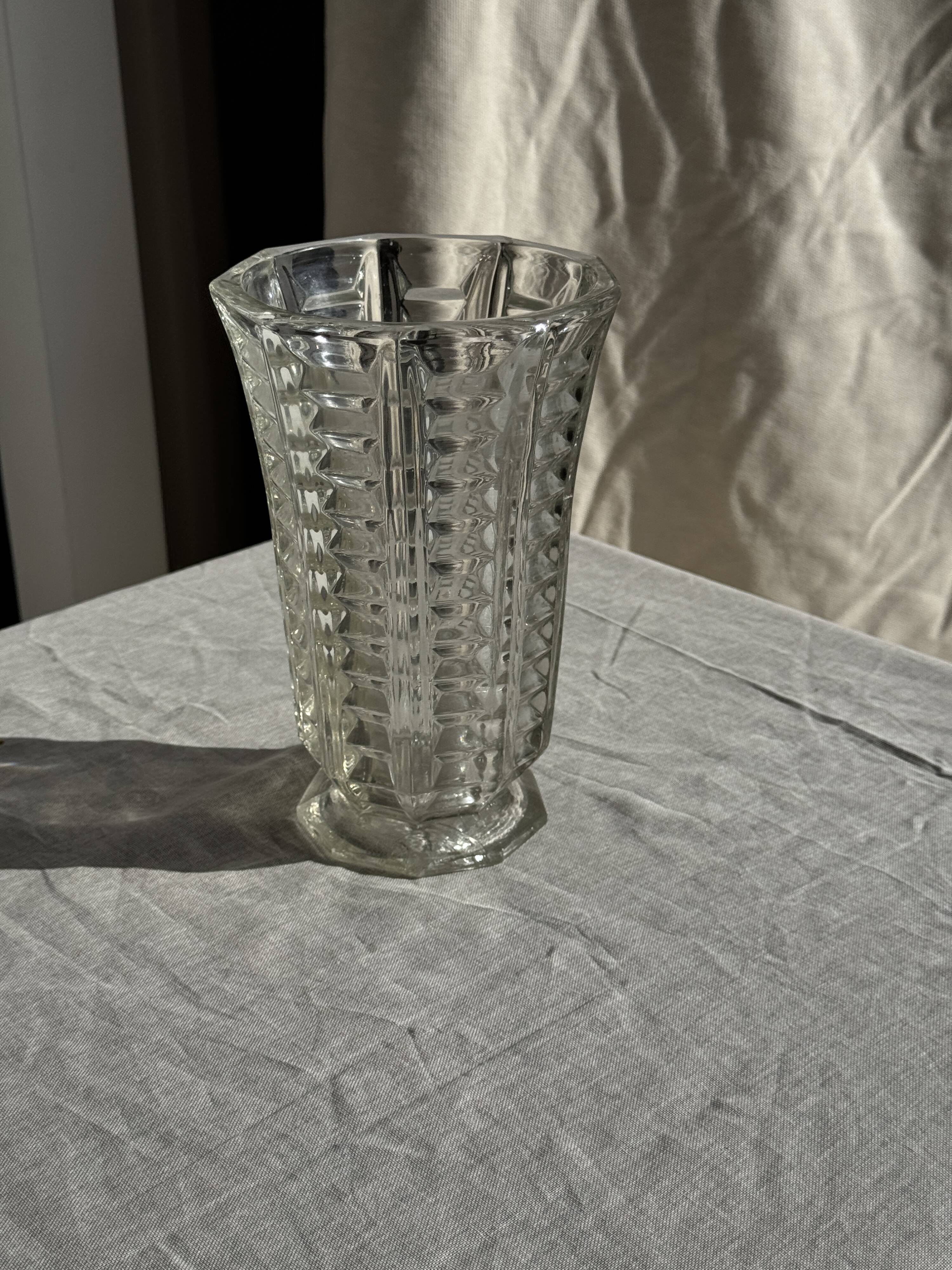 Vintage geometric moulded glass flared vase H21