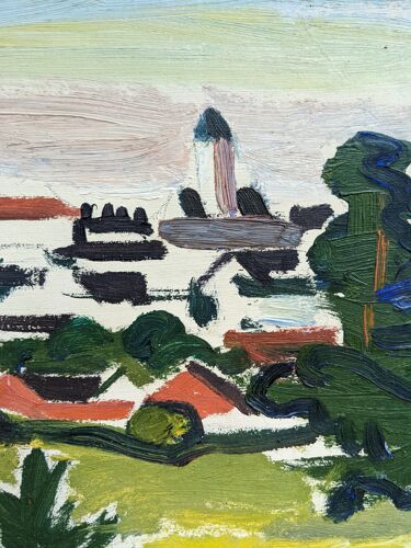 « The Mill » Peinture à l’huile de paysage vert suédois, encadré