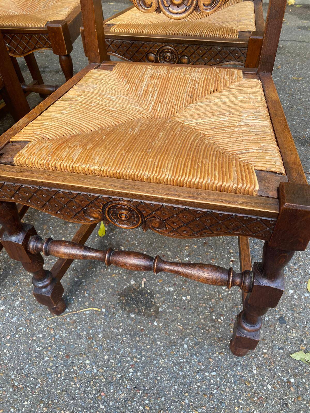 6 Henri II style solid wood straw-seated chairs