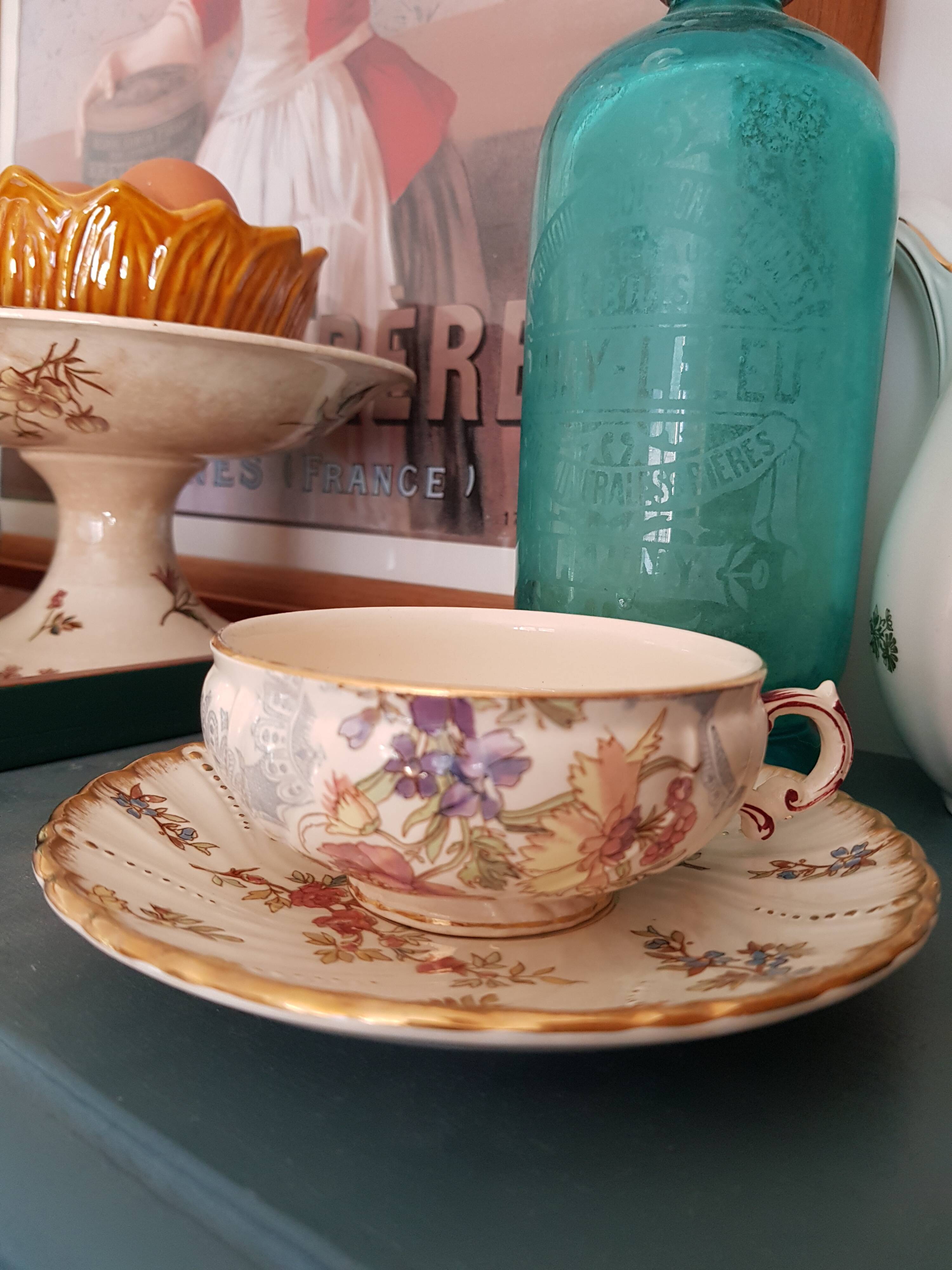 Rare 19th century cup and saucer, Sarreguemines earthenware, Louis XV model