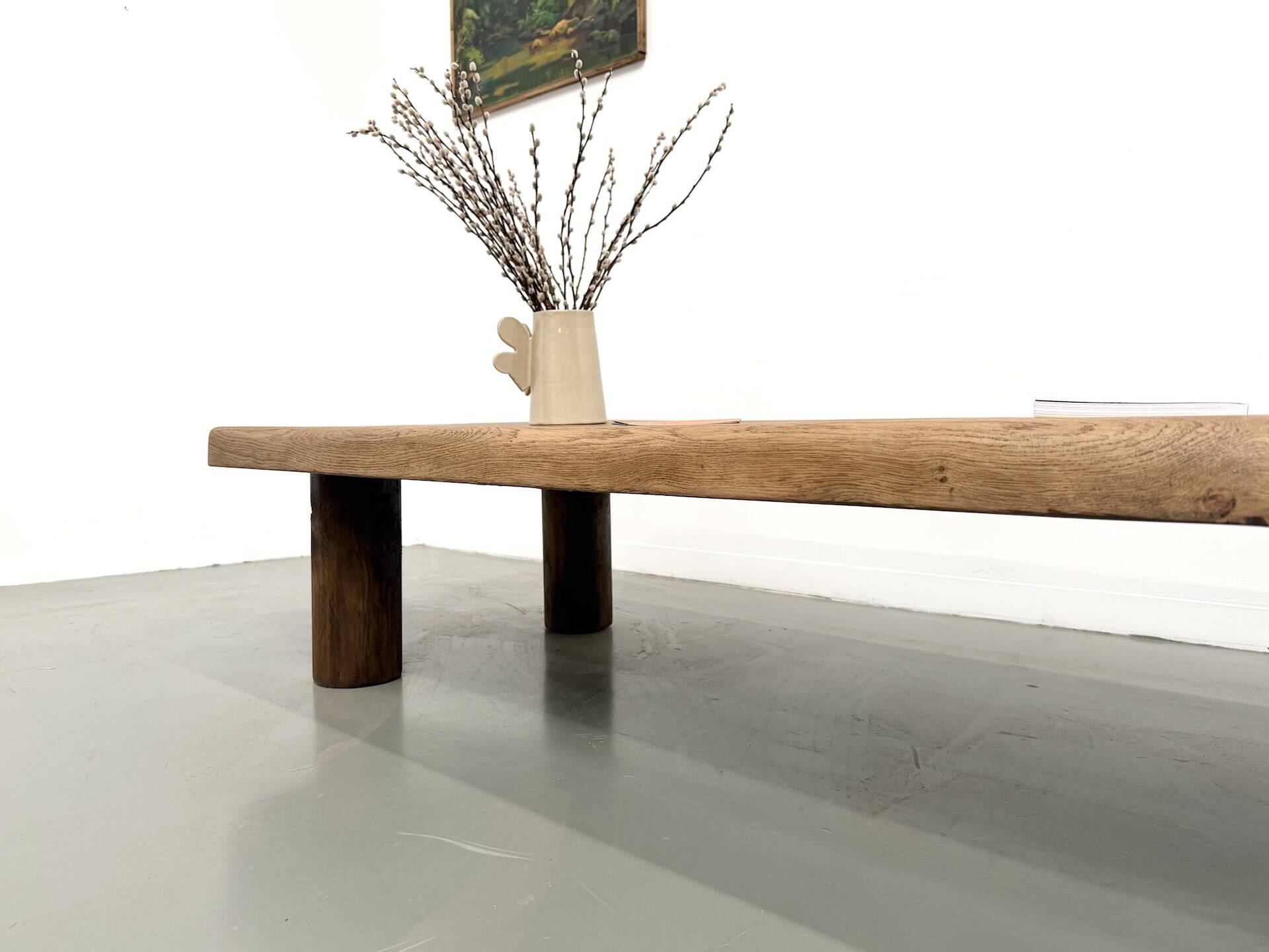 XXL oval coffee table in solid oak, cylindrical base, 1950s.