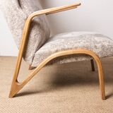 High armchair in curved beech and recent konkav fabric model by paul bode for federholz.