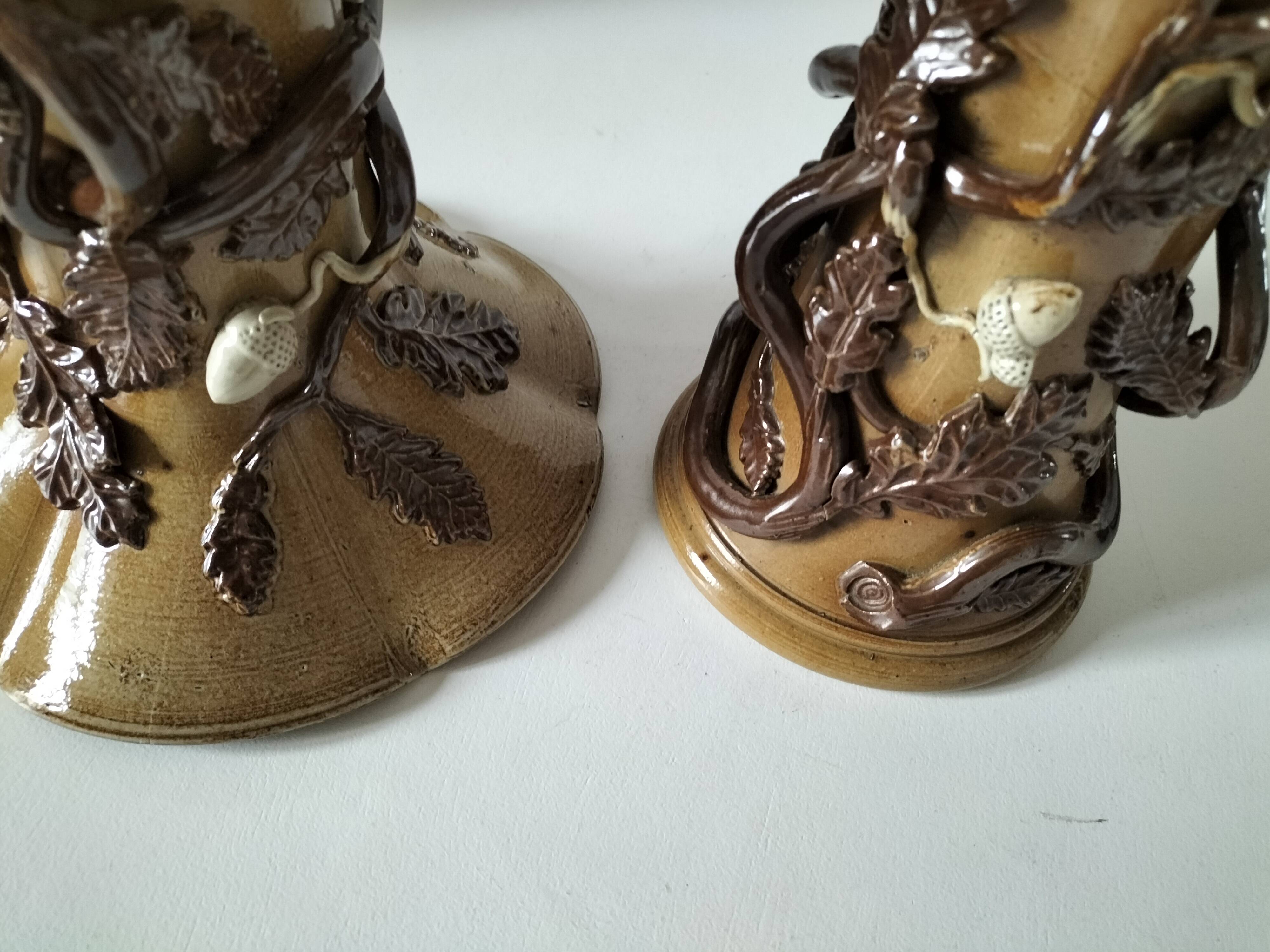 Duo of naturalistic stoneware vases – oak branches & acorns in relief