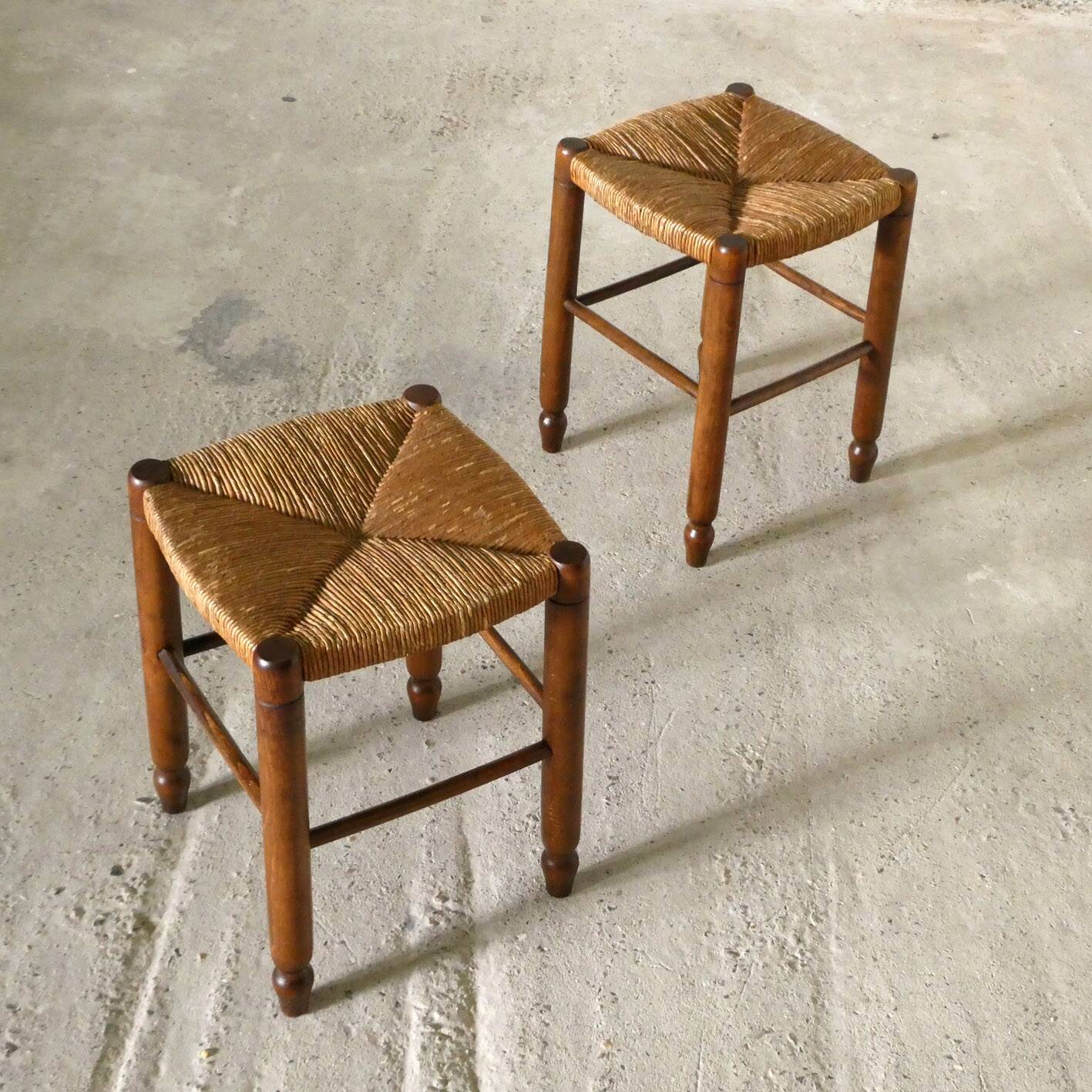 paire de tabourets en bois et paille, 1960