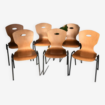 Set of 6 thermoformed wood and metal chairs