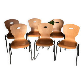 Set of 6 thermoformed wood and metal chairs