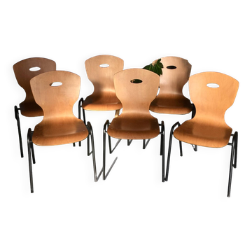 Set of 6 thermoformed wood and metal chairs