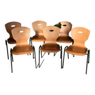 Set de 6 chaises bois thermoformé et métal