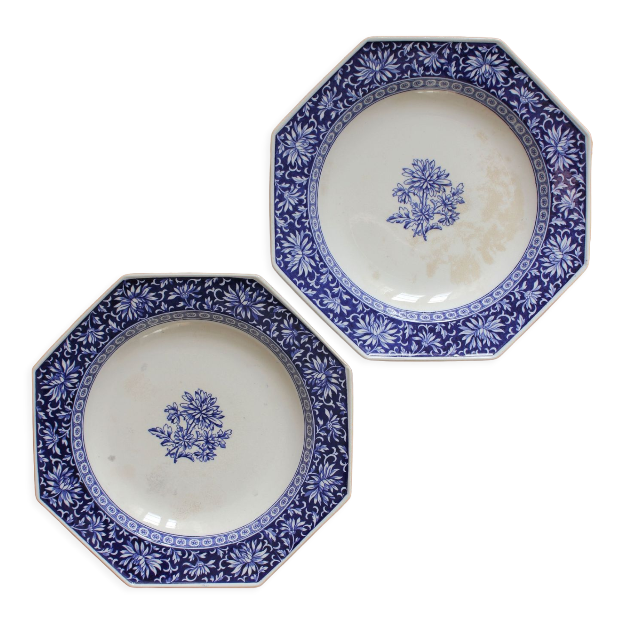 2 octagonal semi-deep plates, English ironstone "Chrysanthemum" Minton