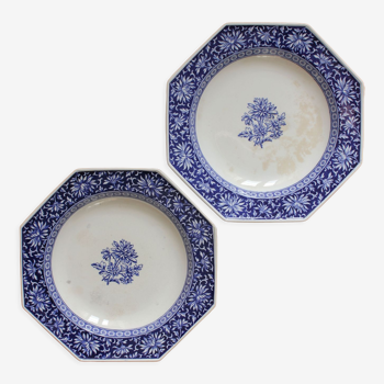 2 assiettes semi creuses octogonales terre de fer anglaise "Chrysanthemum" Minton