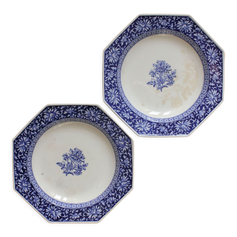 2 assiettes semi creuses octogonales terre de fer anglaise "Chrysanthemum" Minton