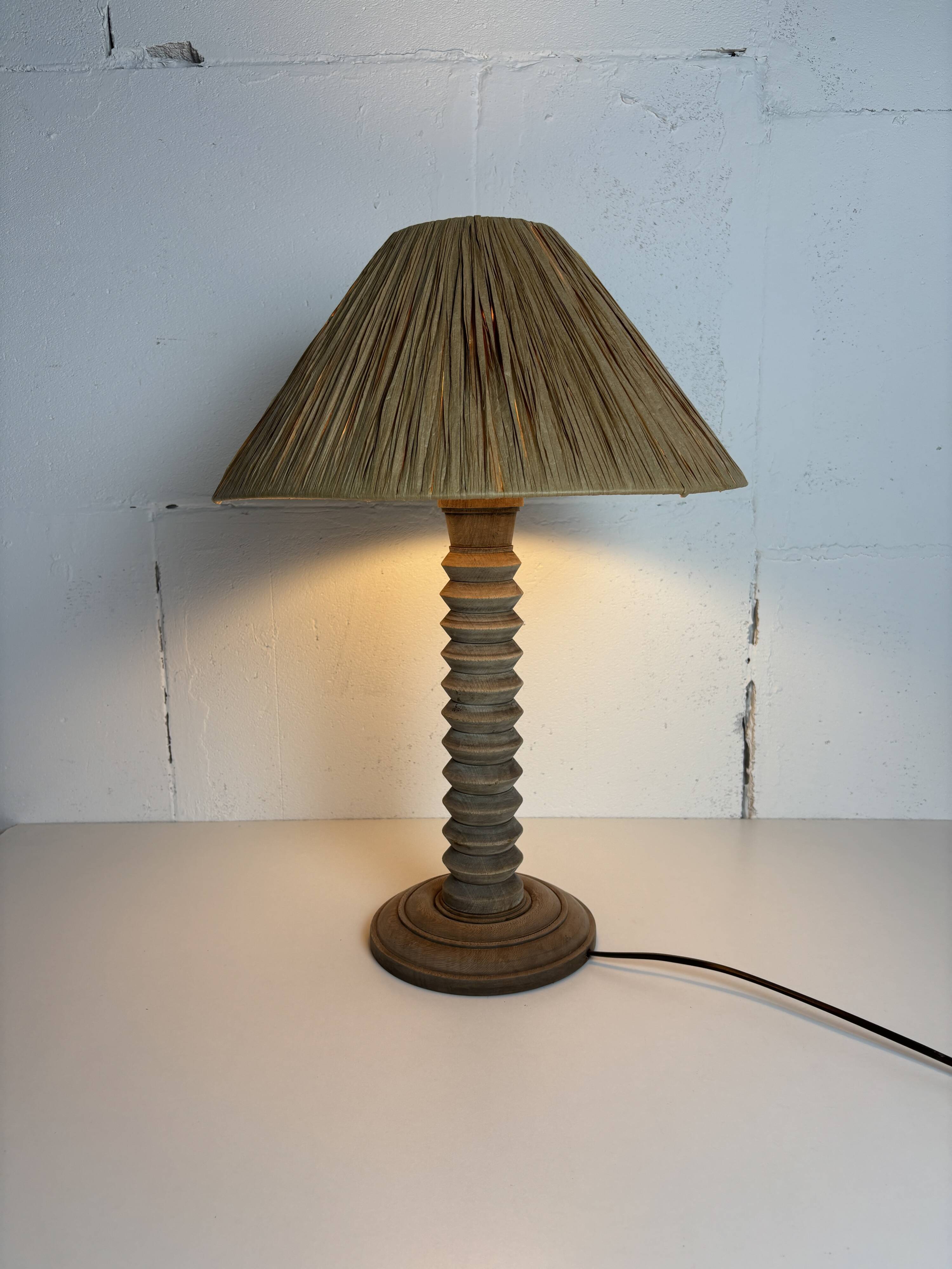 Wabi sabi brutalist wood turned table lamp in the style of Charles Dudouyt