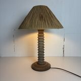 Wabi sabi brutalist wood turned table lamp in the style of Charles Dudouyt