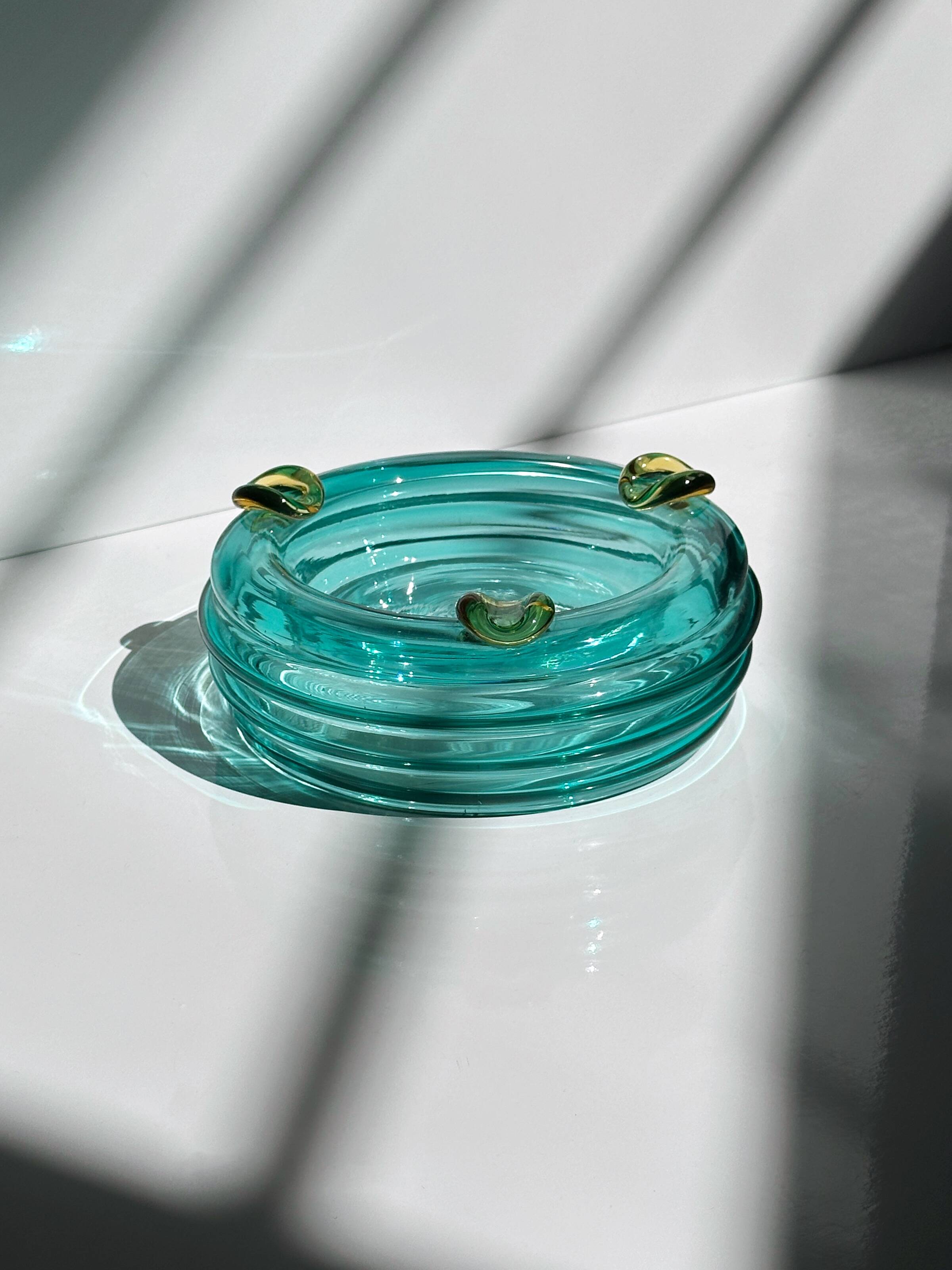 Italian Glass Vide Poche / Ash Tray Turquoise Glas Postmodern