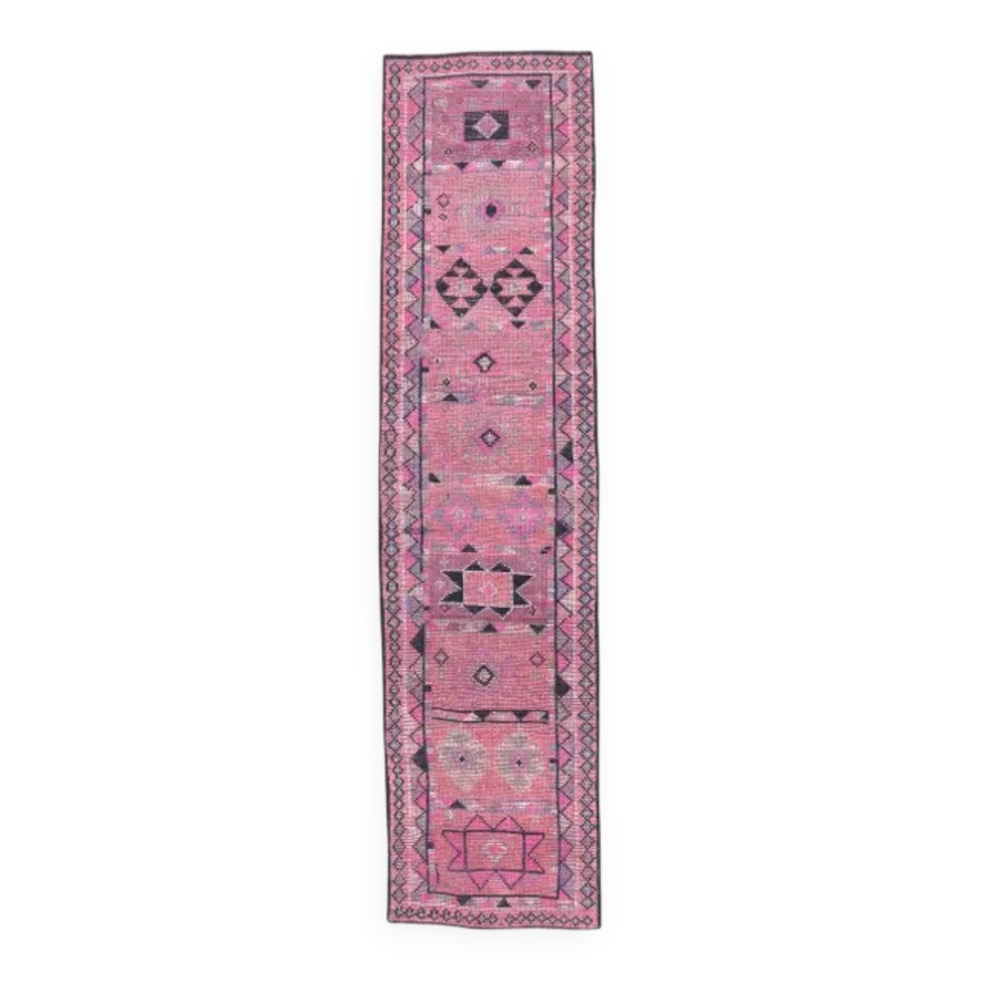 Vintage Pink Geometric Turkish Hand-Knotted Runner 80x337