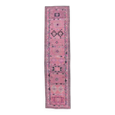 Tapis couloir turc vintage rose géométrique noué à la main 80x337