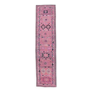 Vintage Pink Geometric Turkish Hand-Knotted Runner 80x337