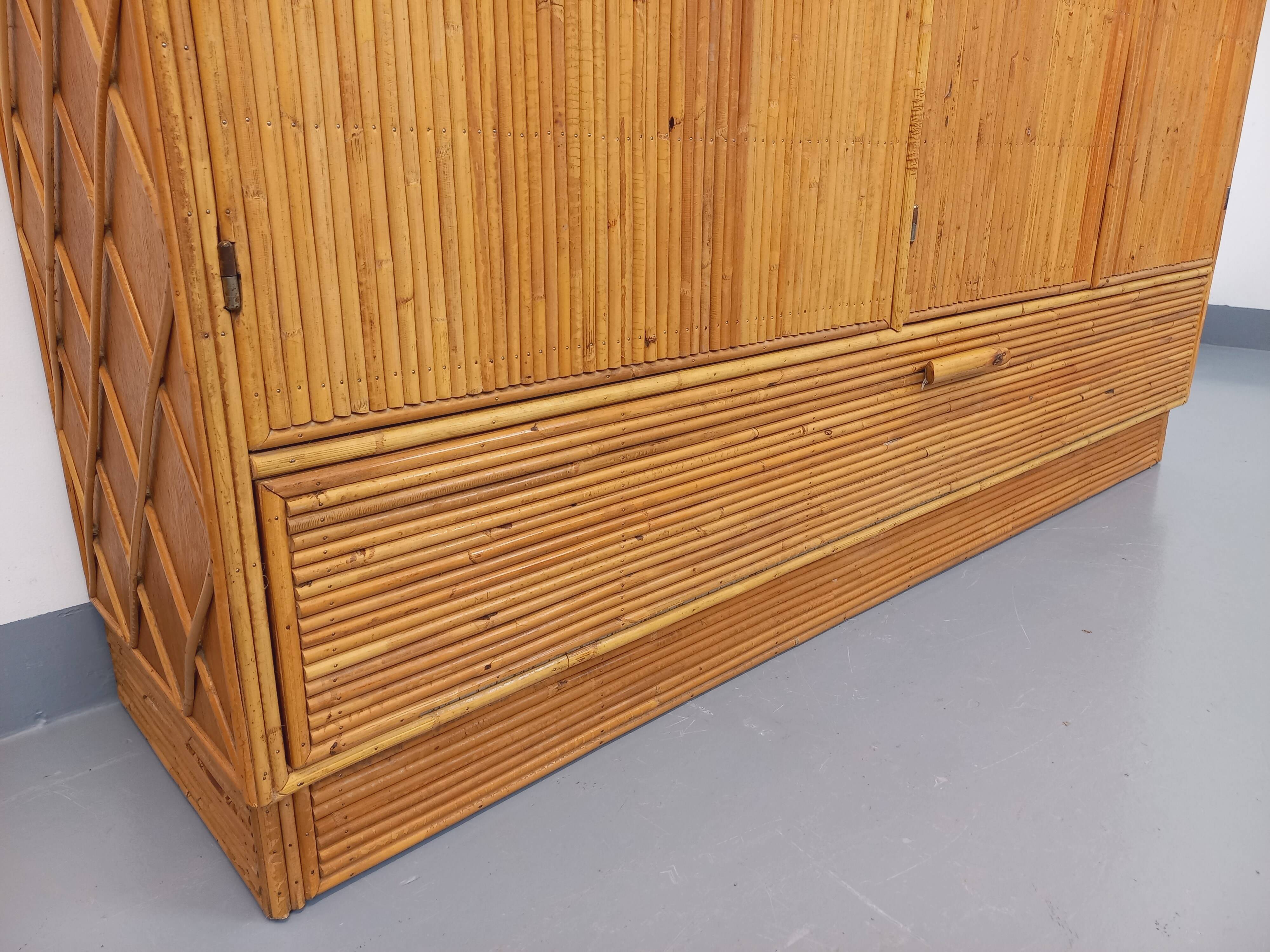 Vintage rattan and light wood storage unit from the 60s