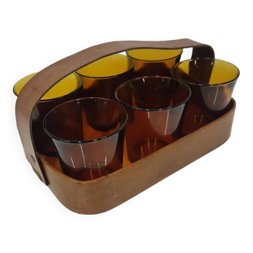 Ensemble de six verres ambre, en verre, Duralex, France, années 1980.