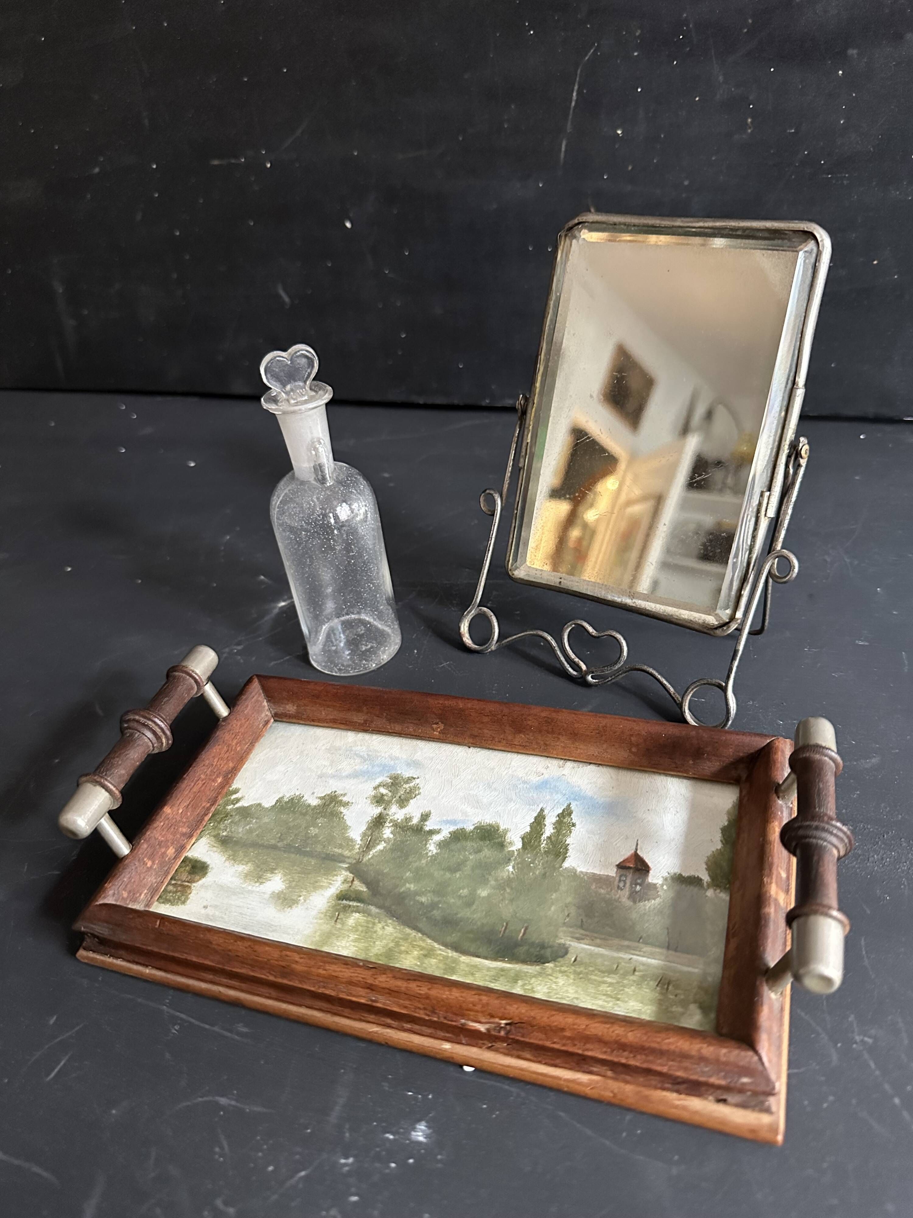 Antique miniature plateau, oil painting, turned wood and brass.