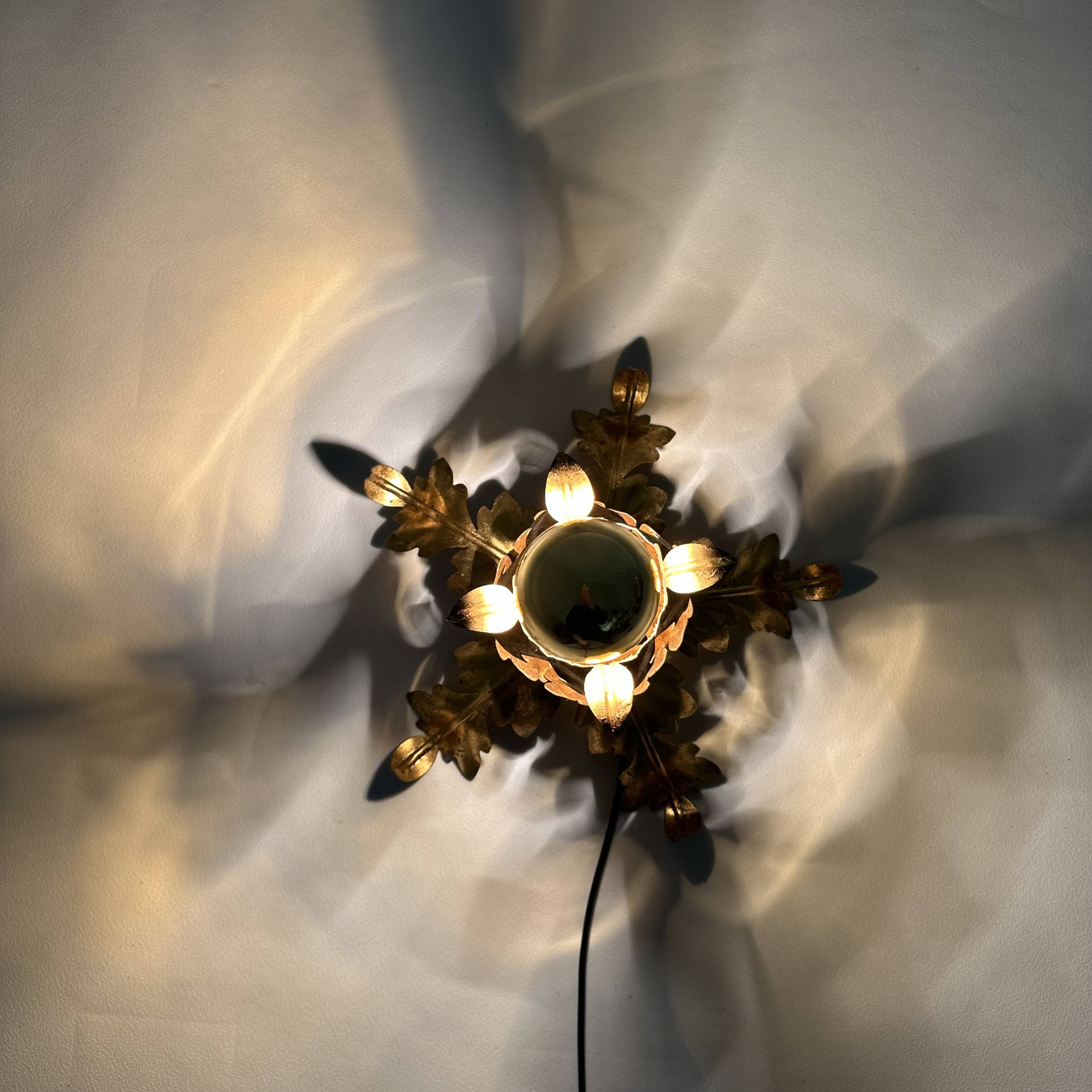 Hollywood regency gold leaf flower light , 1970s