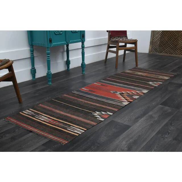 Tapis de couloir vintage turc Oushak fait main en laine et coton marron
