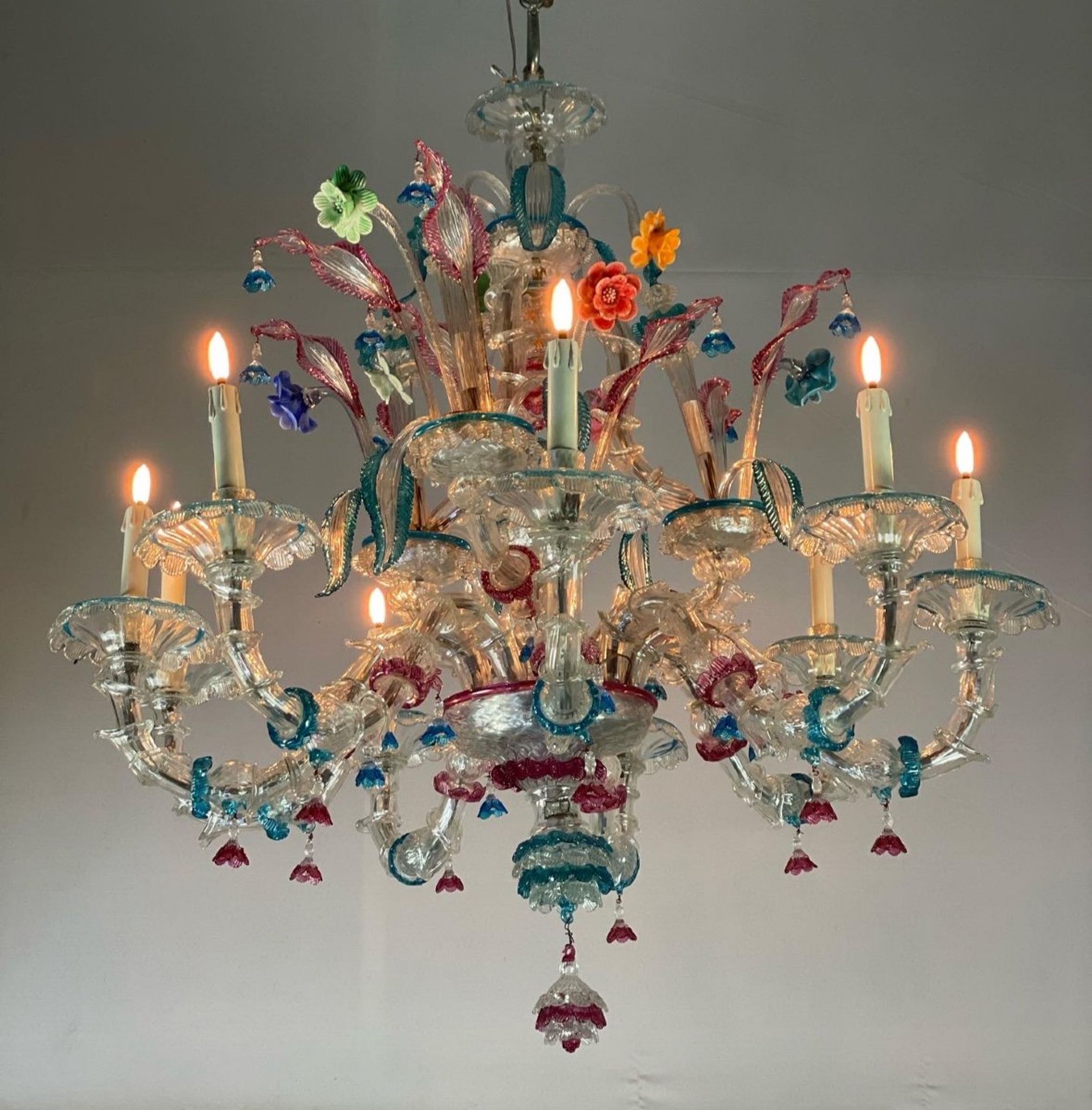 Venetian chandelier Rezzonico in Murano glass, 9 arms of light circa 1920