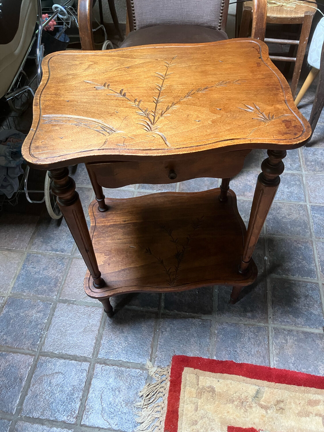 Side table, carved wood, 1900, with drawer.