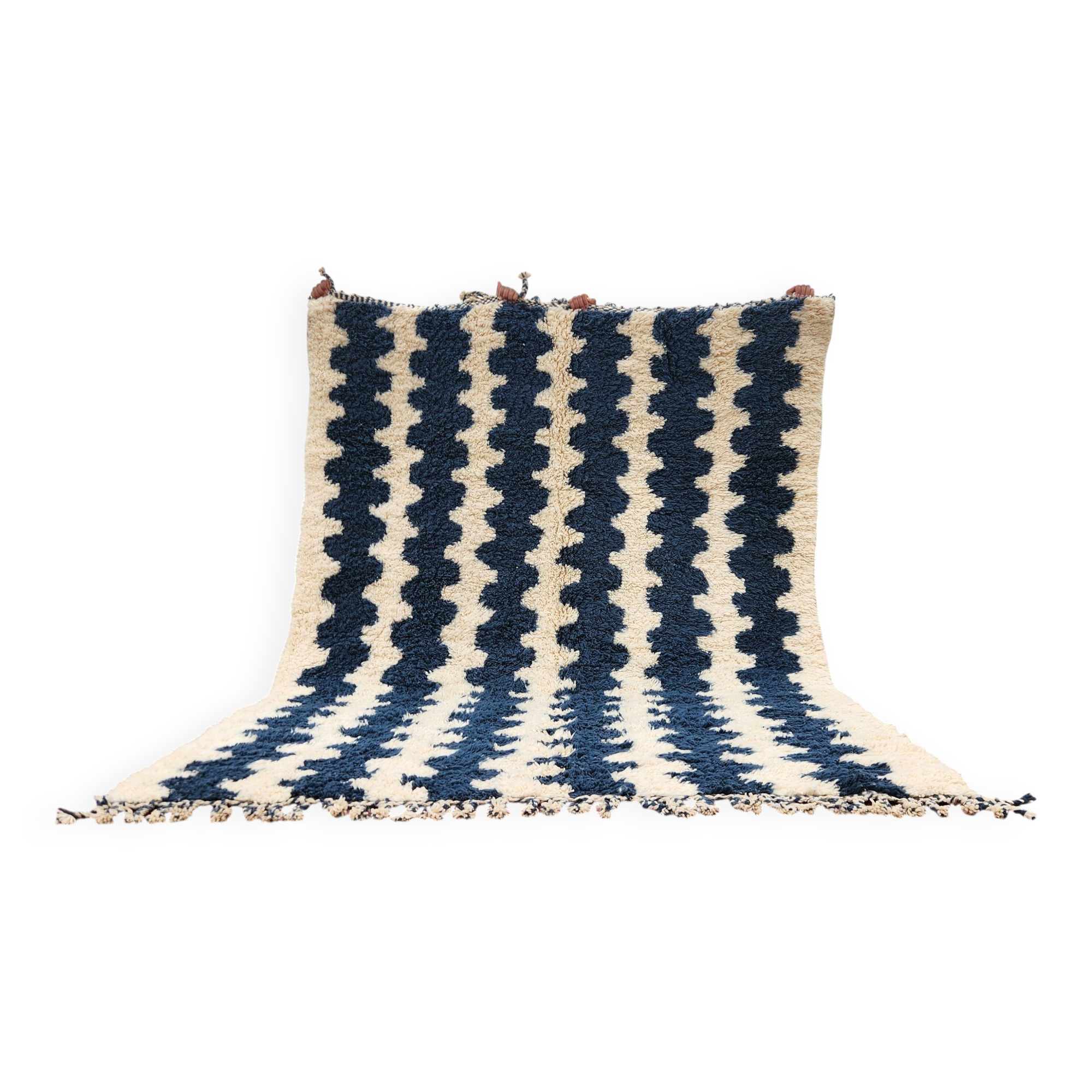Large striped Berber rug 274x208 cm – Cream & blue wool – Graphic pattern