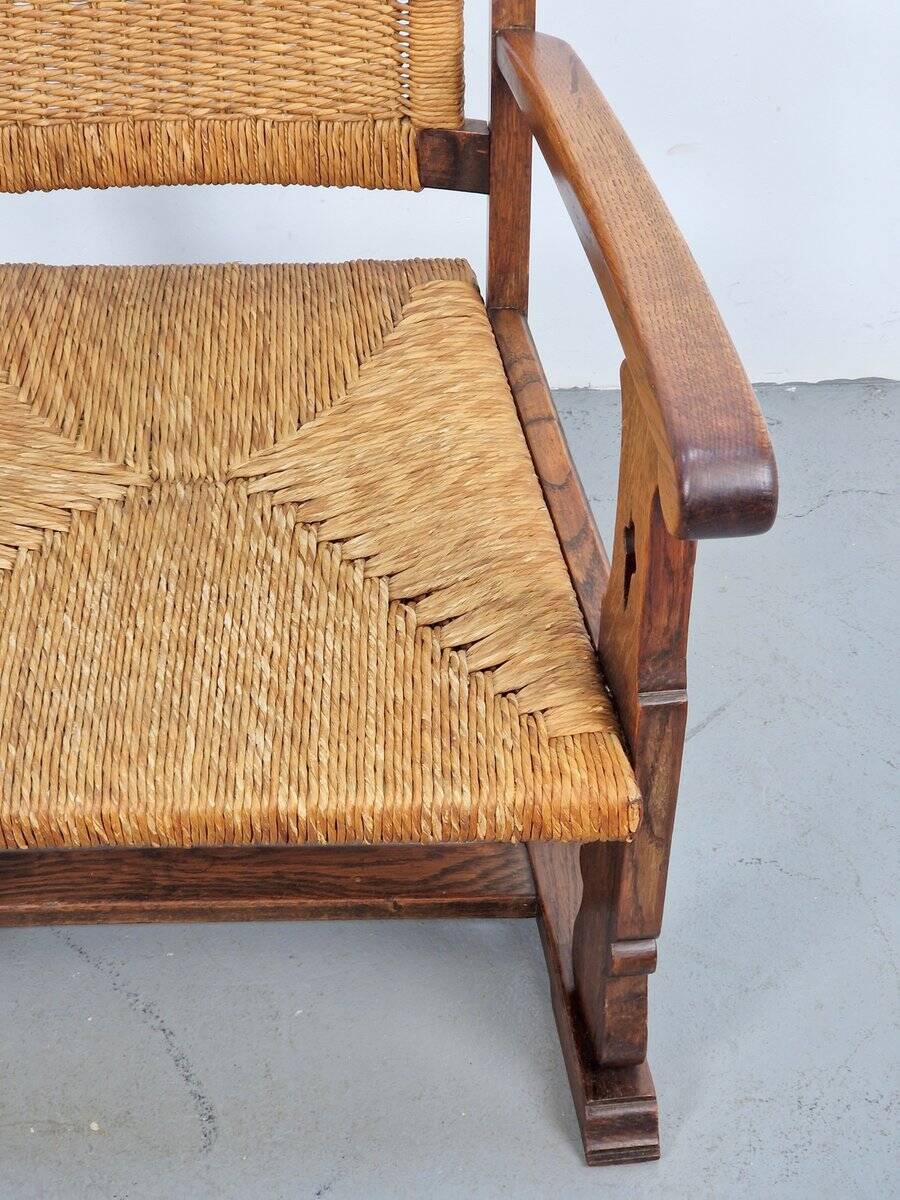 Modern Dutch Brutalist Armchair in Rush and Oak, 1950s