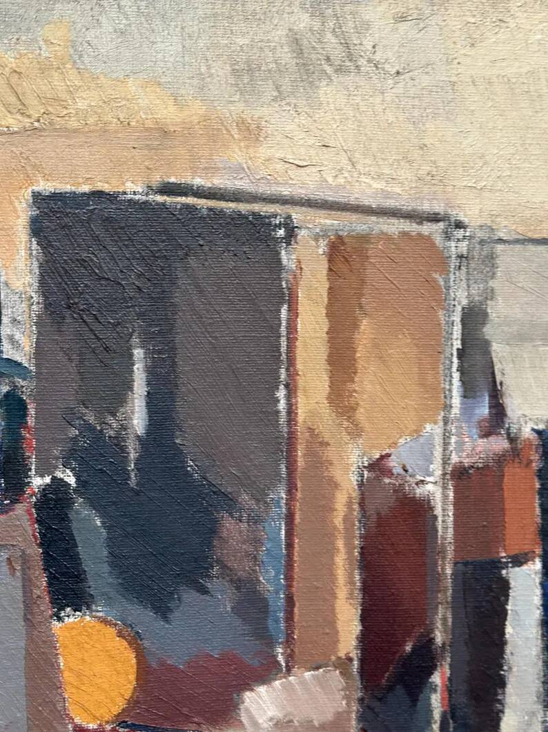 Large original Swedish oil on canvas - 'Blue Bottle and Books' by Gustav Adolf Johansson - 1962 - vintage and framed