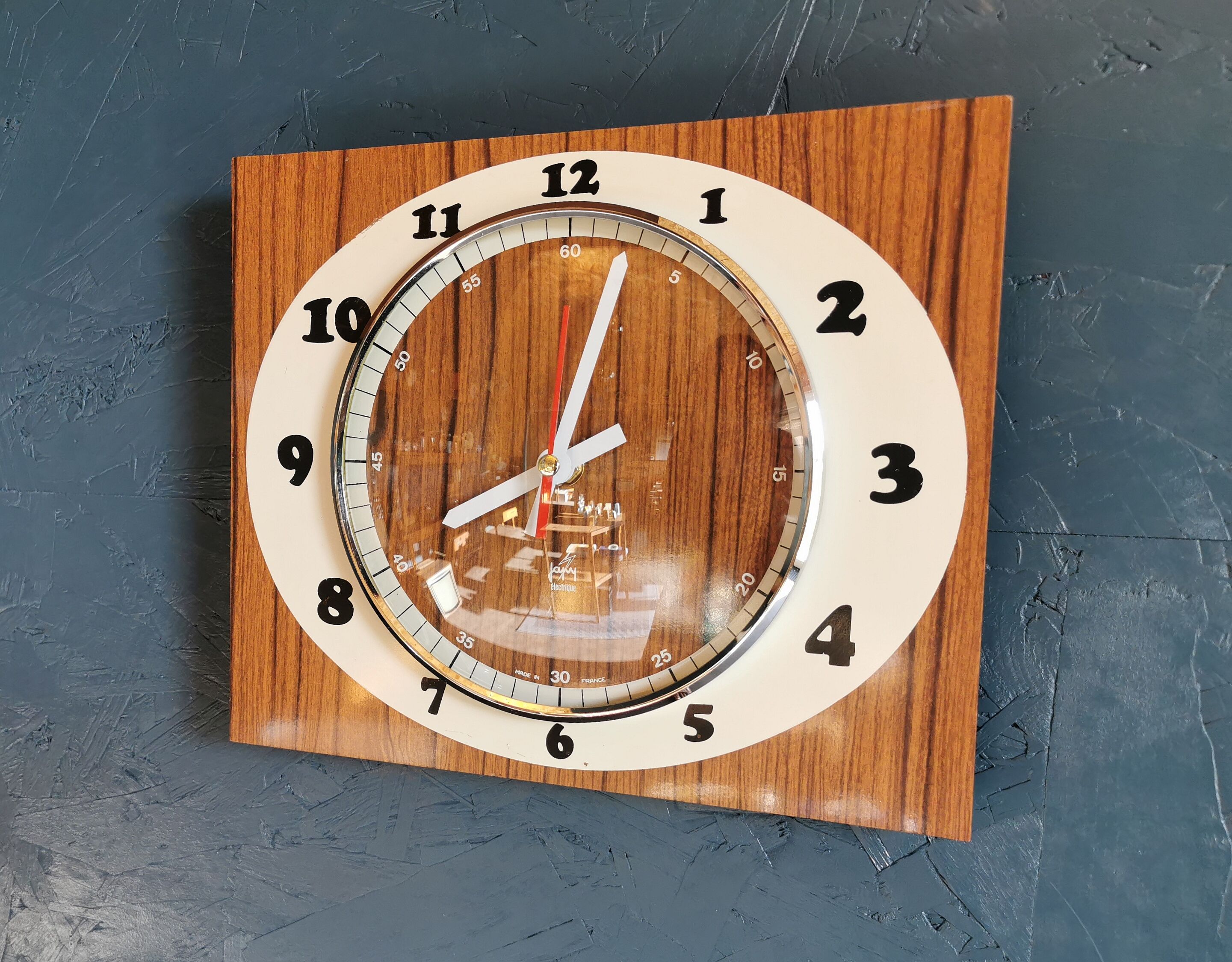 Vintage formica clock rectangular silent wall clock "Japy cream wood"