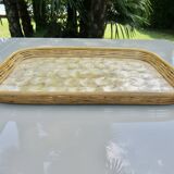 Old tray in woven rattan and mother-of-pearl, 1980s, vintage