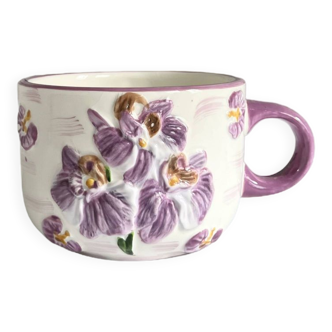 Tasse / mug barbotine vintage - Motif fleuri orchidée - Tons lilas et blancs - Cottage core