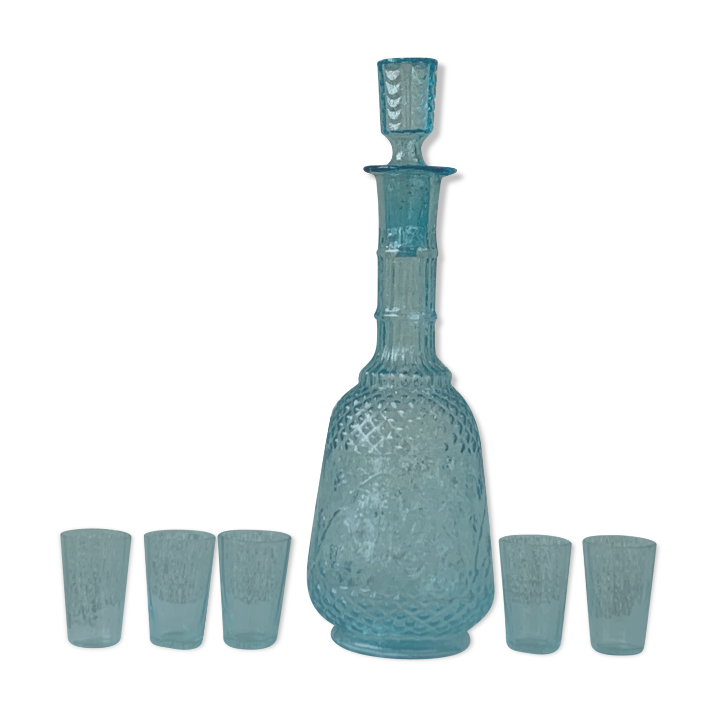Carafe and 5 old blue glass liqueur glasses