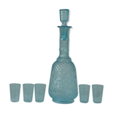Carafe and 5 old blue glass liqueur glasses