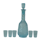 Carafe and 5 old blue glass liqueur glasses