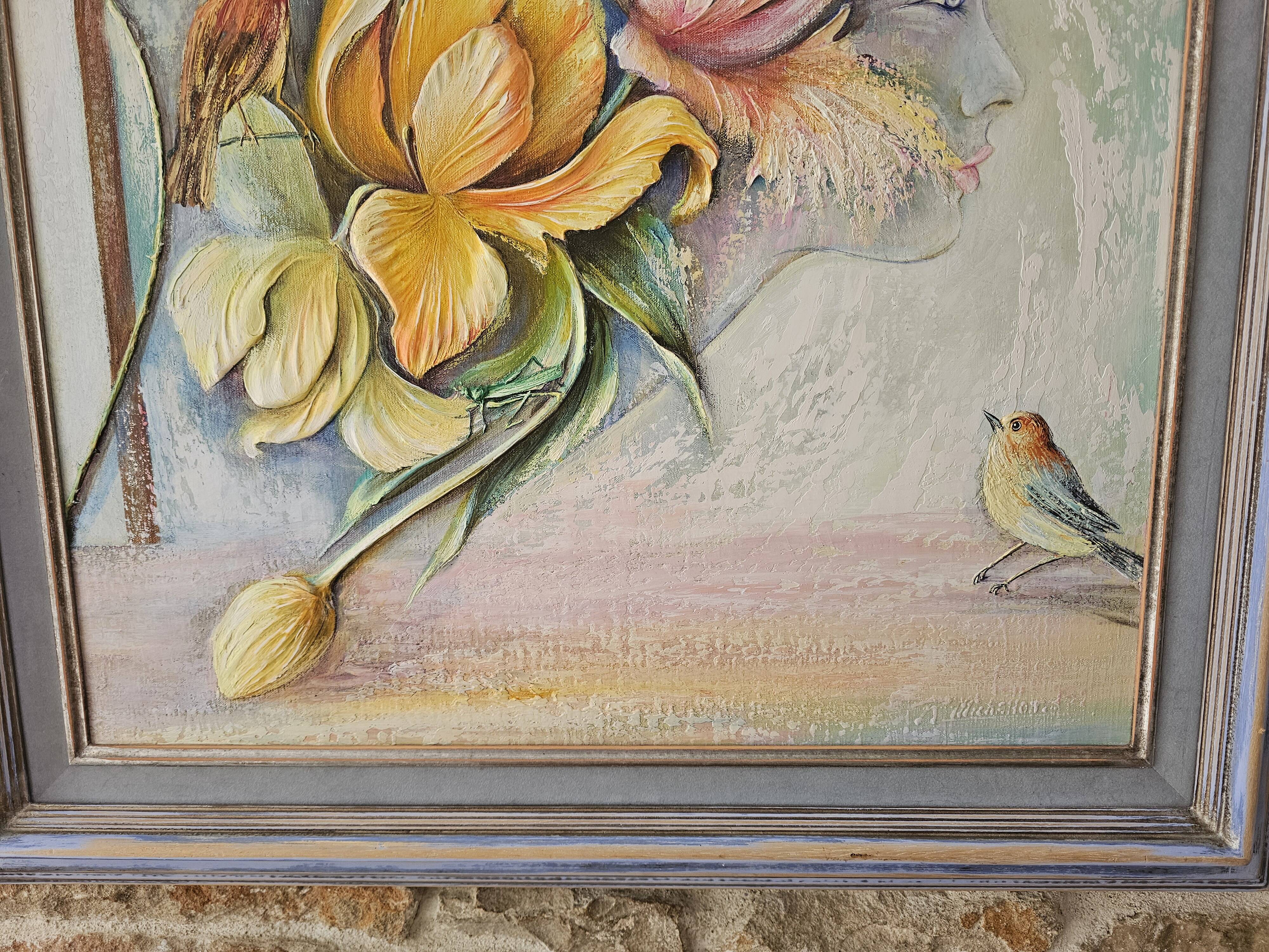 Tableau Huile sur Toile Onirique Profil féminin, fleurs, Oiseaux Michallon