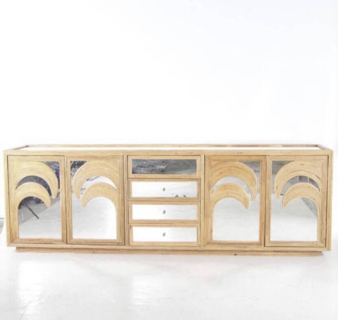 Rattan and mirrored “palm tree” sideboard