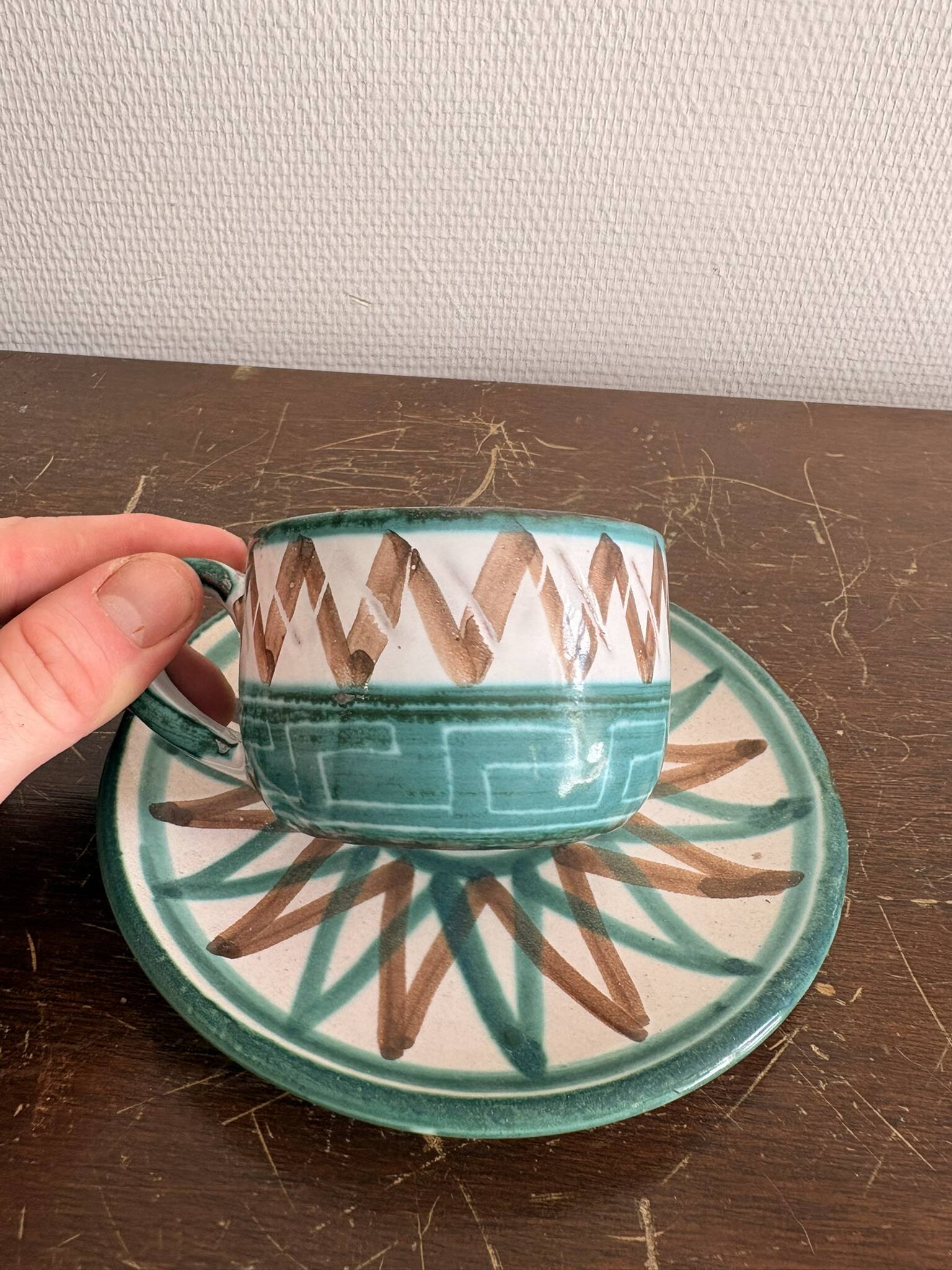 Cup Saucer Ceramic Vallauris Robert Picault Vintage 50's Geometric