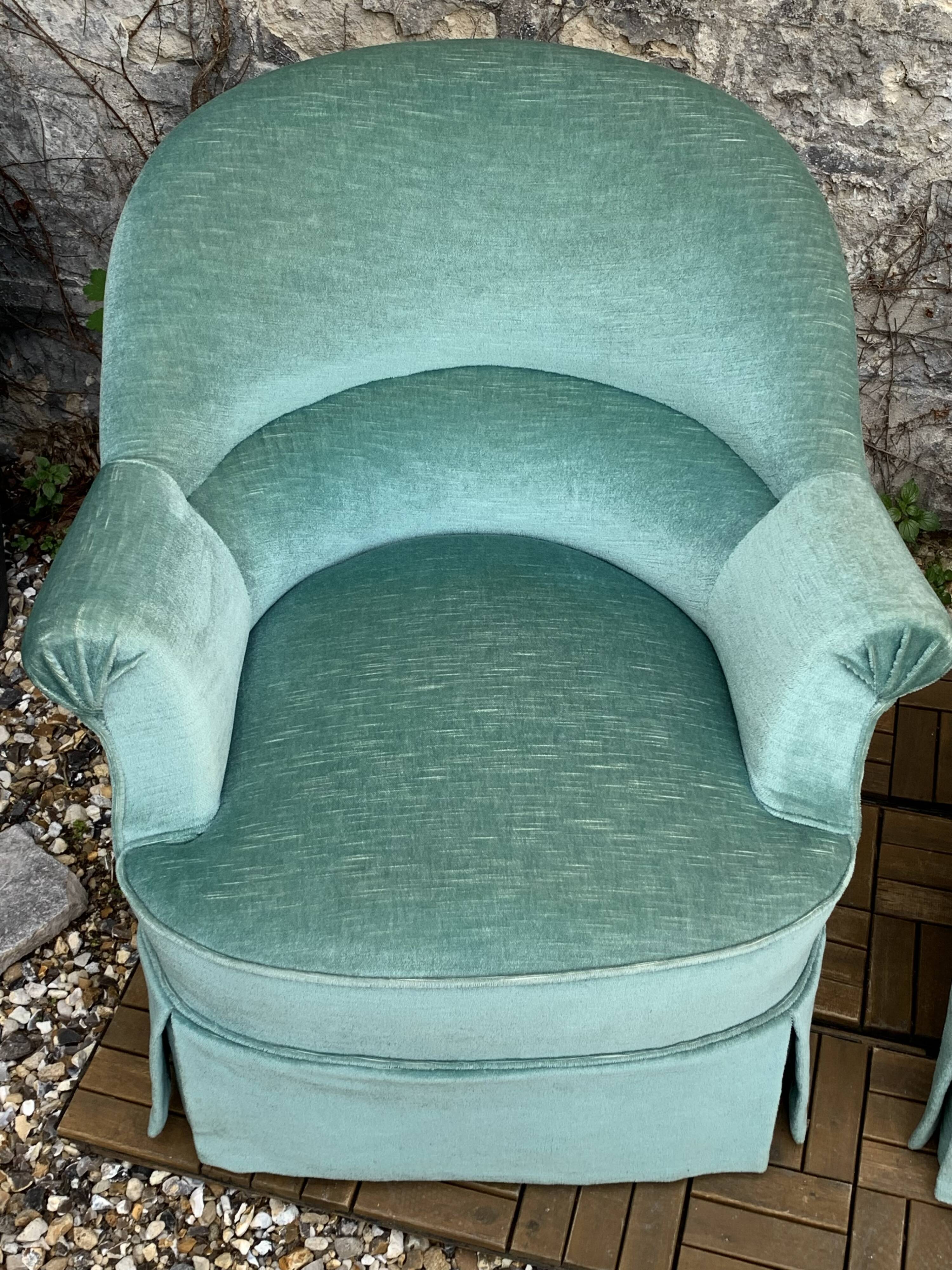 Pair of toad armchairs in water green velvet, 1970