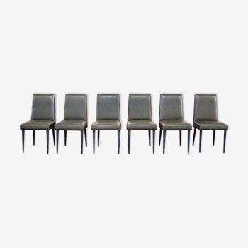 Ensemble de huit chaises revêtues de vinyle, jambes en fer de Mobiltecnica Torino Anni '50