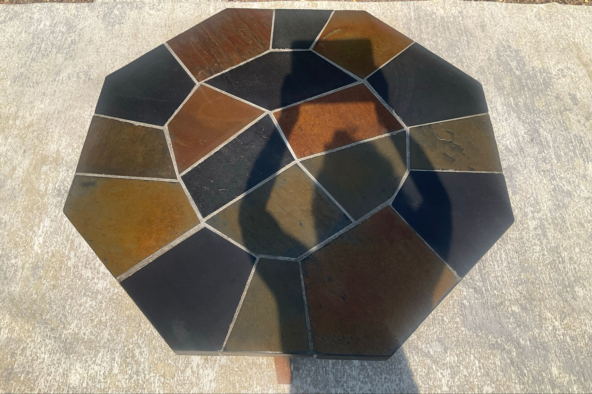 Brutalist octagonal coffee table from the 1970s in solid oak and slate.